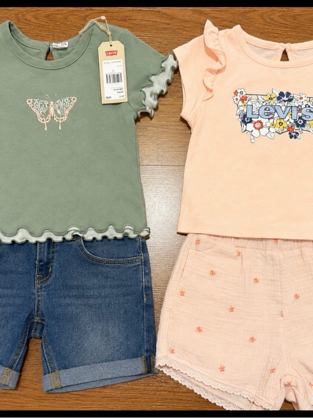 Levi's Peach Floral Logo Top & Sage Butterfly Ruffle Sleeve Tee Set